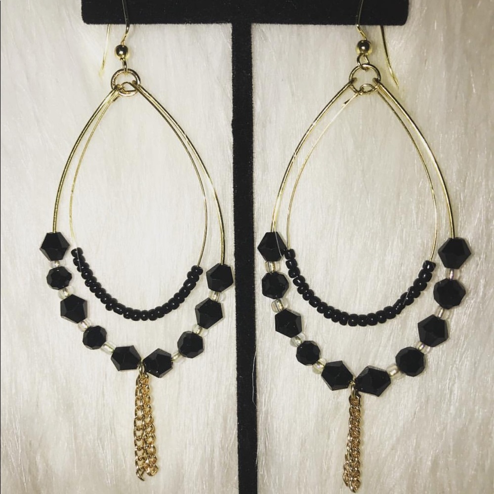 Handmade gold and black chain tassel hoops